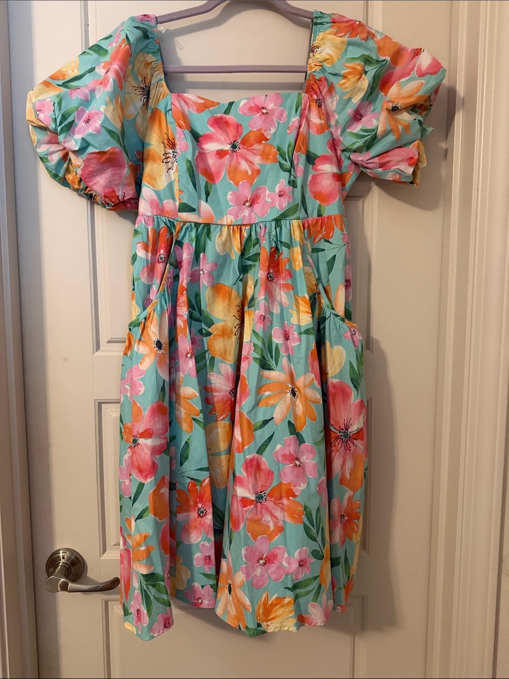 Floral Puff-Sleeve babydoll Dress in Aqua with Pink & Orange Blooms